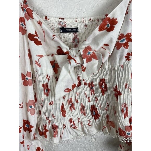Zara Floral Linen Blend Top Womens Size Small Floral Cropped Boho Peasant‎ - Picture 6 of 10